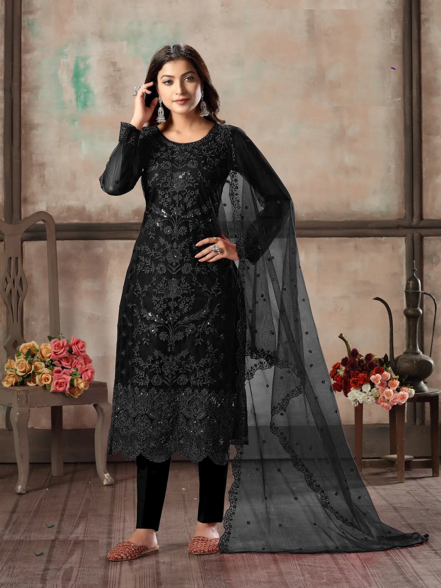 Black Net Salwar Suit With Thread & Sequence Embroidery Work - qivii