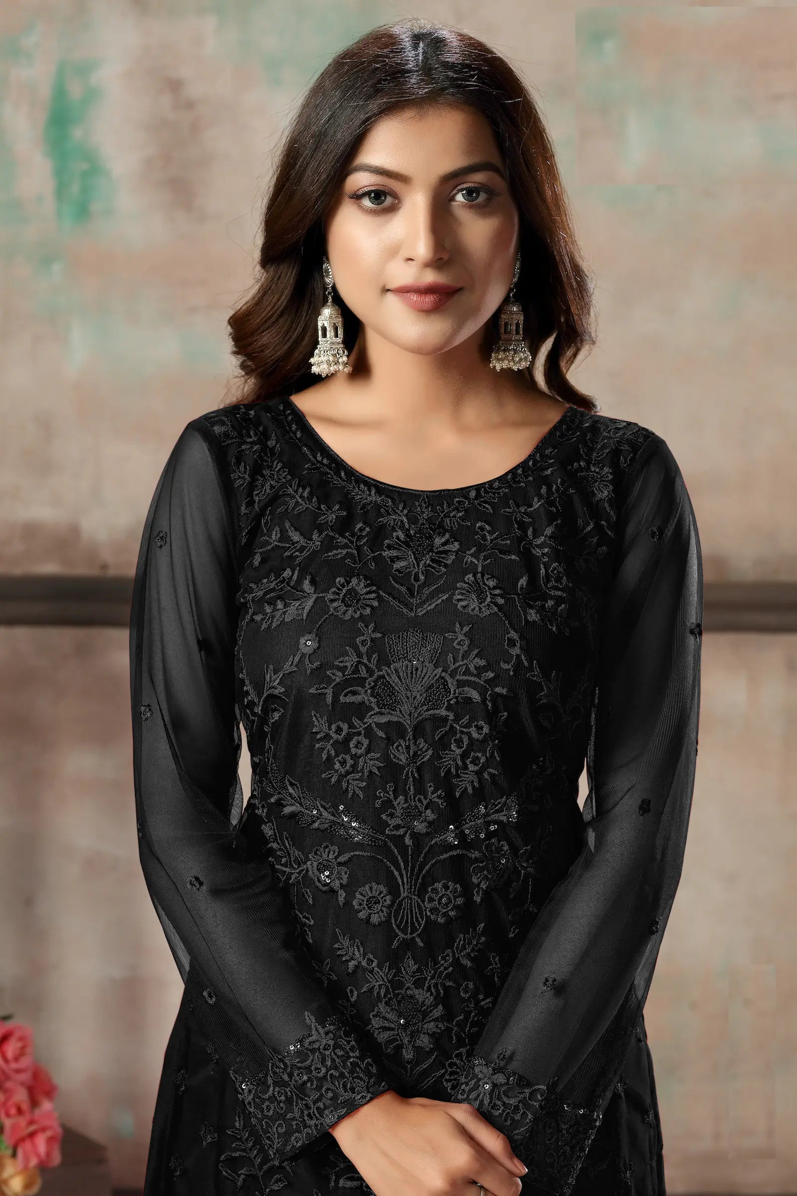 Black Net Salwar Suit With Thread & Sequence Embroidery Work - qivii