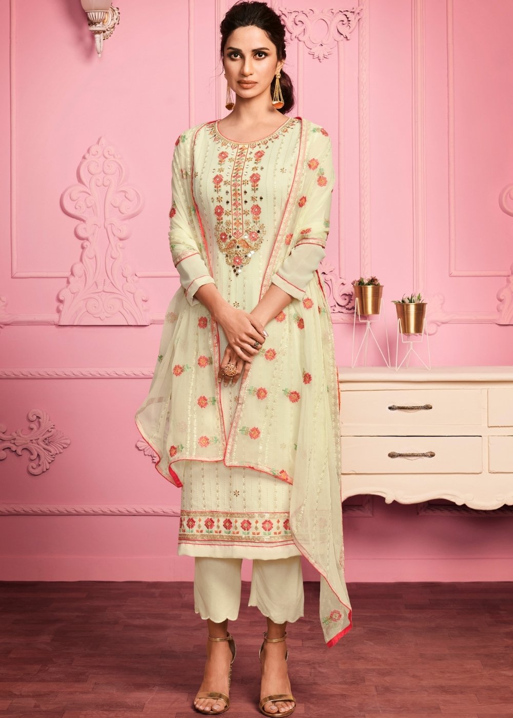 Banana Yellow Georgette Salwar Suit with Thread Embroidery, Katli & Mirror work - qivii