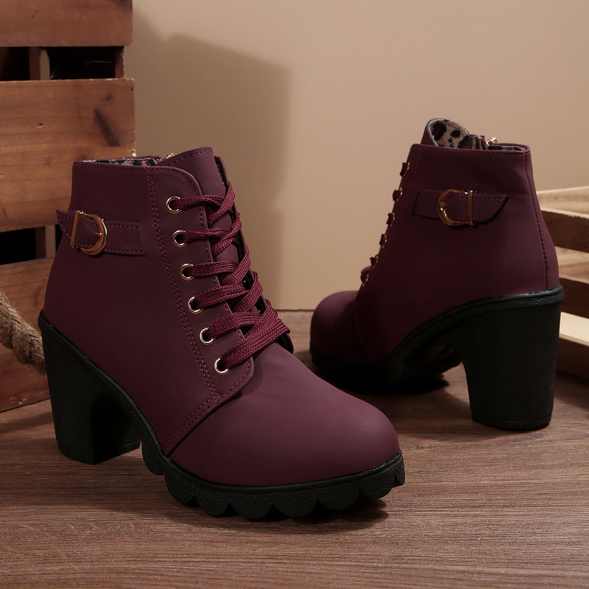 Women's Buckle Decorated Chunky Heel Ankle Boots - Side Zipper & Lace-Up Round Toe Mid-Calf Equestrian Boots (US 4-10)