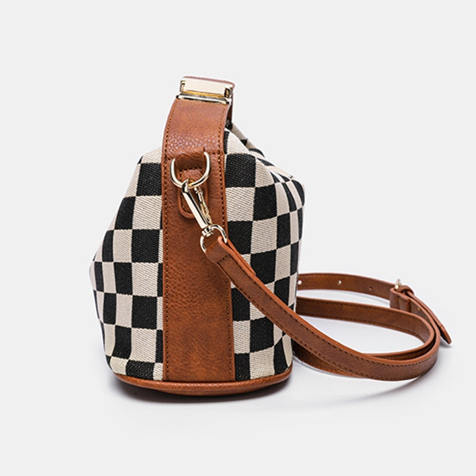 Ounamei Checkered Canvas Handbag with Leather Trim | Top Handle Shoulder & Crossbody Mini Box Bag