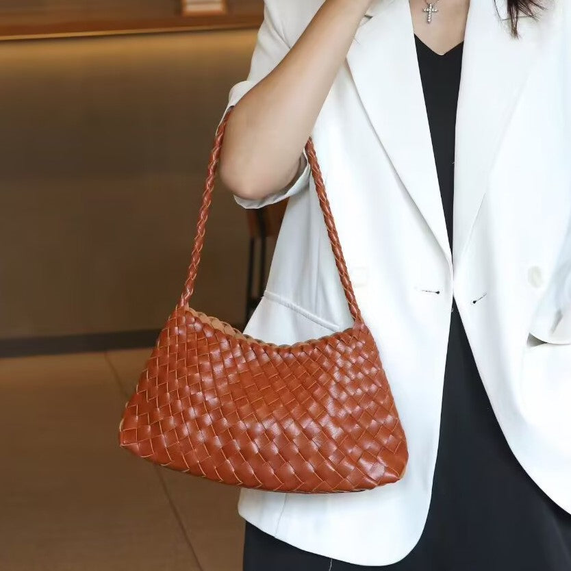 Women’s Genuine Leather Woven Heritage Tote – Handcrafted Vintage Shoulder & Underarm Bag, Minimalist Elegant Design