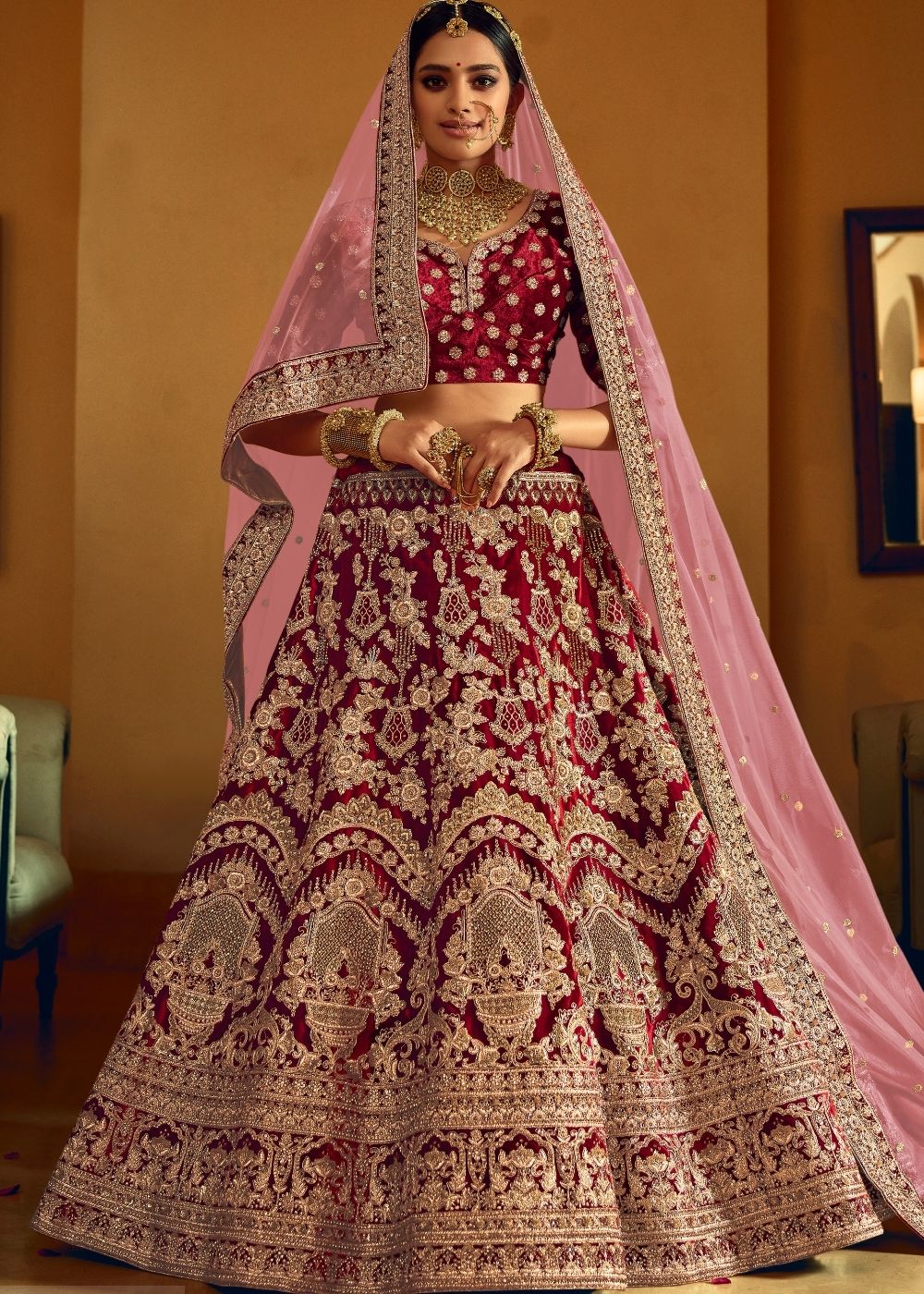 Wine Red Bridal Velvet Lehenga Choli with Embroidery & Hand work | Ready To Wear - qivii