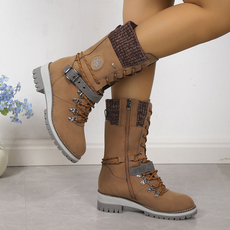 Women's Nordic Knit Combat Boot - High-Shaft Thermal Cotton Lined Snow Boots with Block Heel & Leather Accents Design (US 5-10.5)