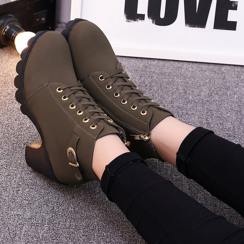 Women's Buckle Decorated Chunky Heel Ankle Boots - Side Zipper & Lace-Up Round Toe Mid-Calf Equestrian Boots (US 4-10)