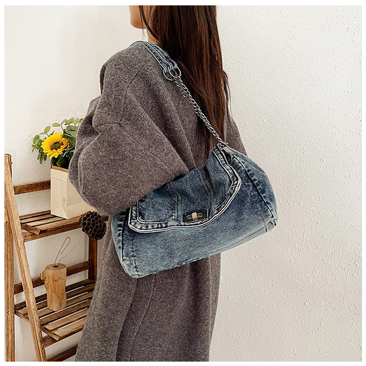Women's Vintage Denim Tote Bag – Casual Chain Strap Shoulder Bag with Spacious Compartment Retro Commuter Essentials