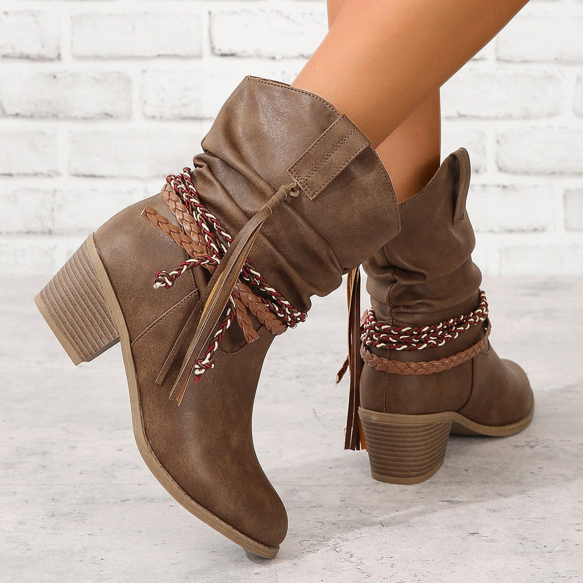 Women's Western Tassel Boots - Braided Buckle Cowboy Ankle Boots with Block Heel & Pointed Toe (US 5-10)