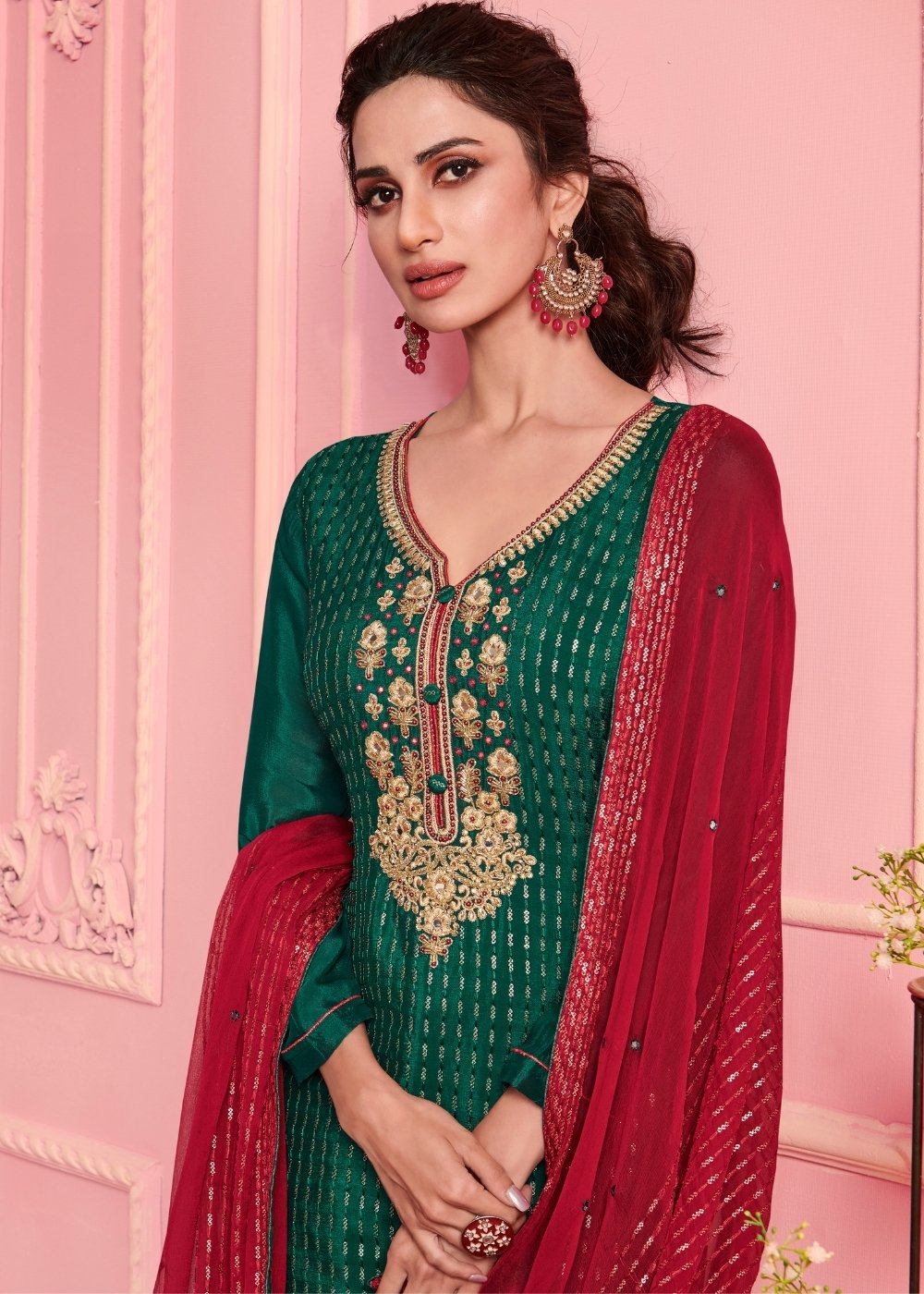 Jungle Green Georgette Salwar Suit with Thread & Zari Embroidery work By Qivii
