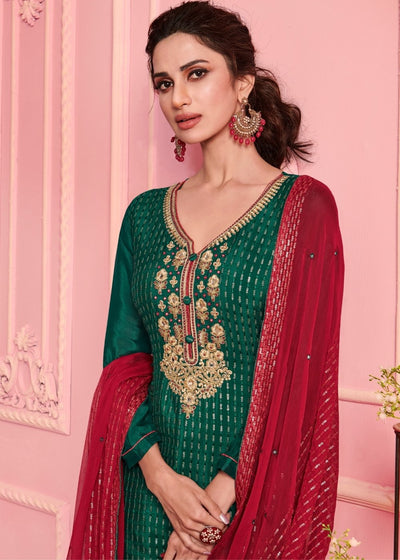 Jungle Green Georgette Salwar Suit with Thread & Zari Embroidery work By Qivii
