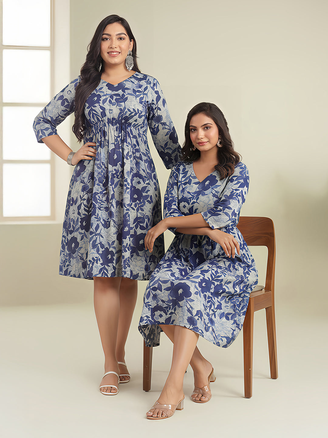 Indigo Cotton Floral Panelled Dress - qivii