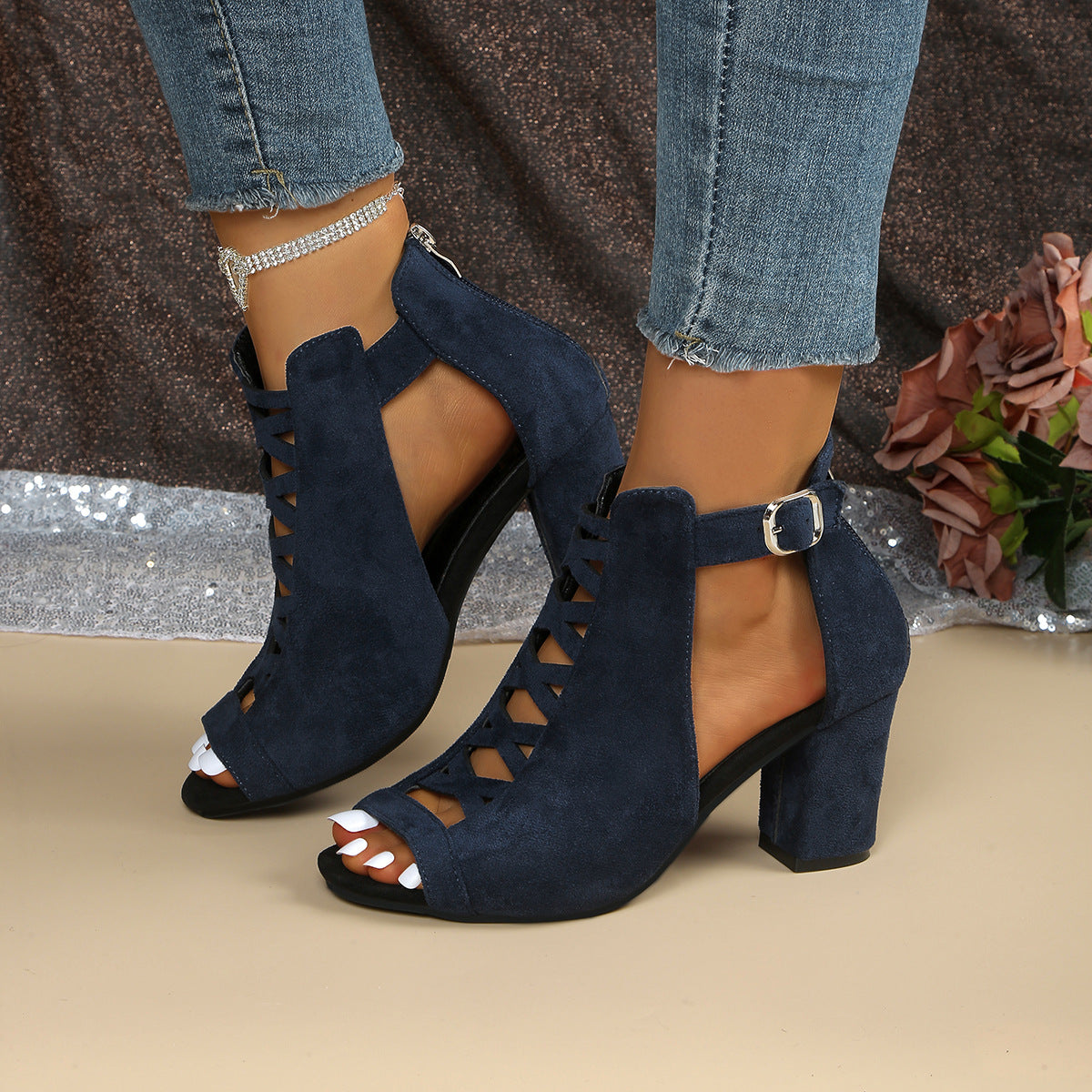 Women's Odette Suede Peep-Toe Cutout Bootie Sandals – Buckle Strap Chunky Heel Sophisticated Boot Sandals (US 3.5–11.5)