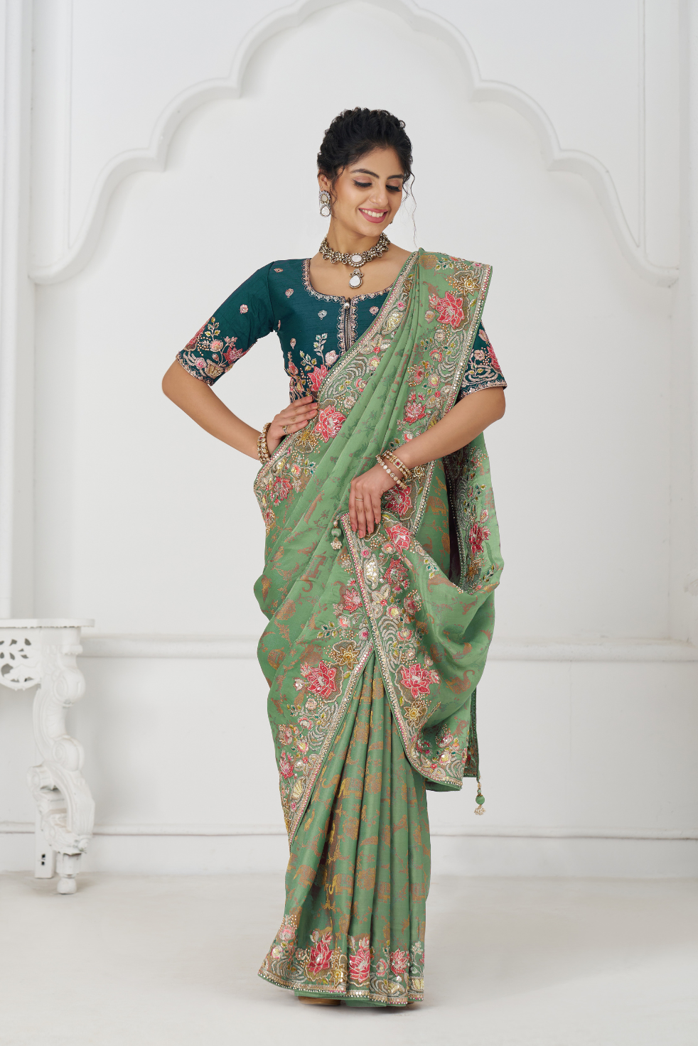 Grace in Green: Multi-Thread Embroidered Saree with Floral Elegance - qivii