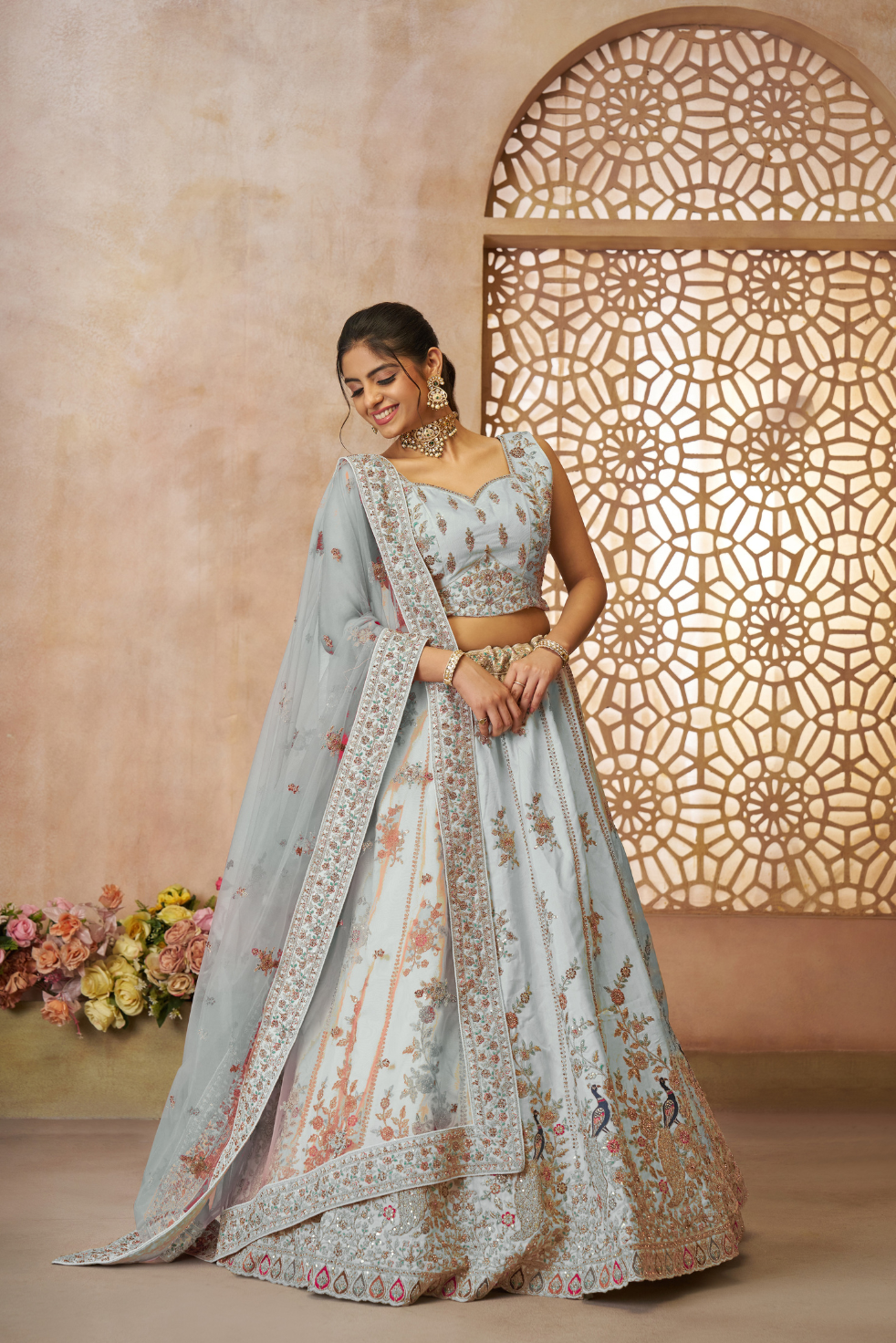 Sky Blue Sequins Chinon Reception Lehenga Choli - qivii