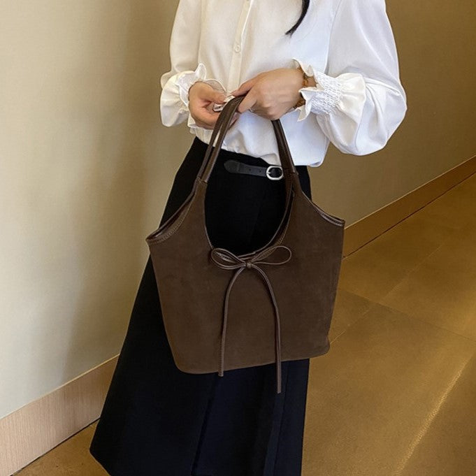 Women's Vintage Matte Tote Bag – Oversized Bow-Accent Shoulder Bag with Crossbody Strap