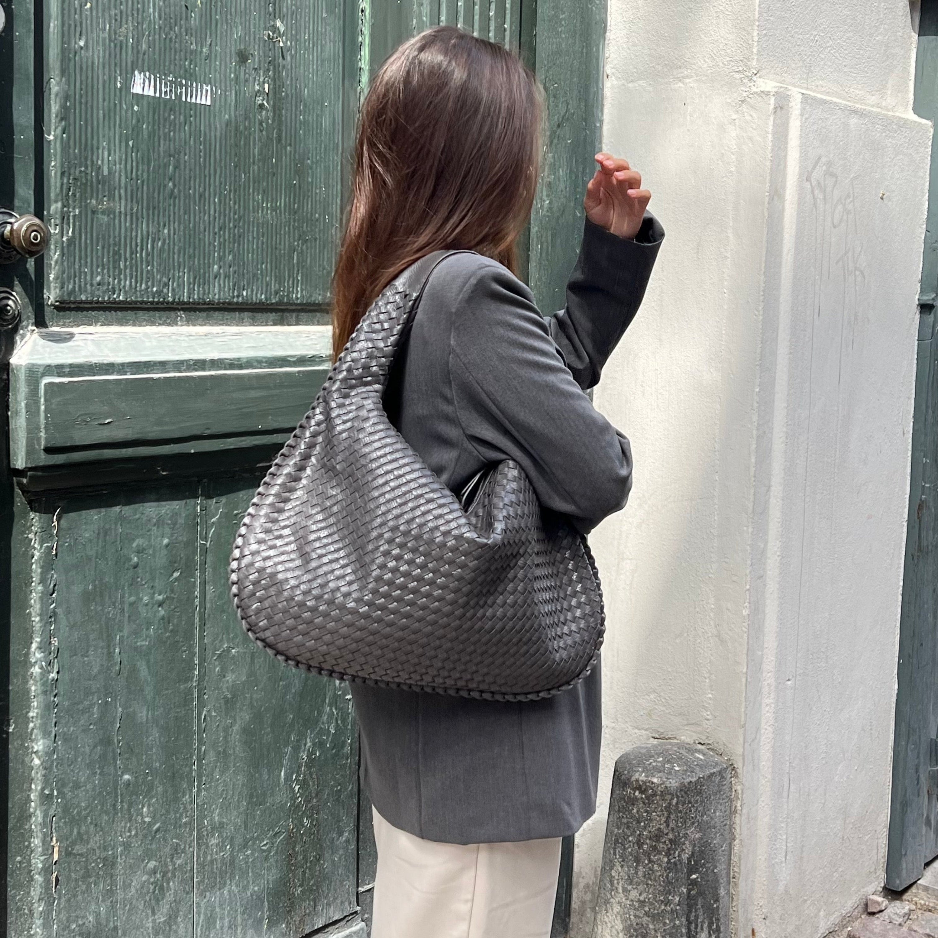 Ounamei Vintage Woven Vegan Leather Hobo Bag Large Shoulder Handbag for Women
