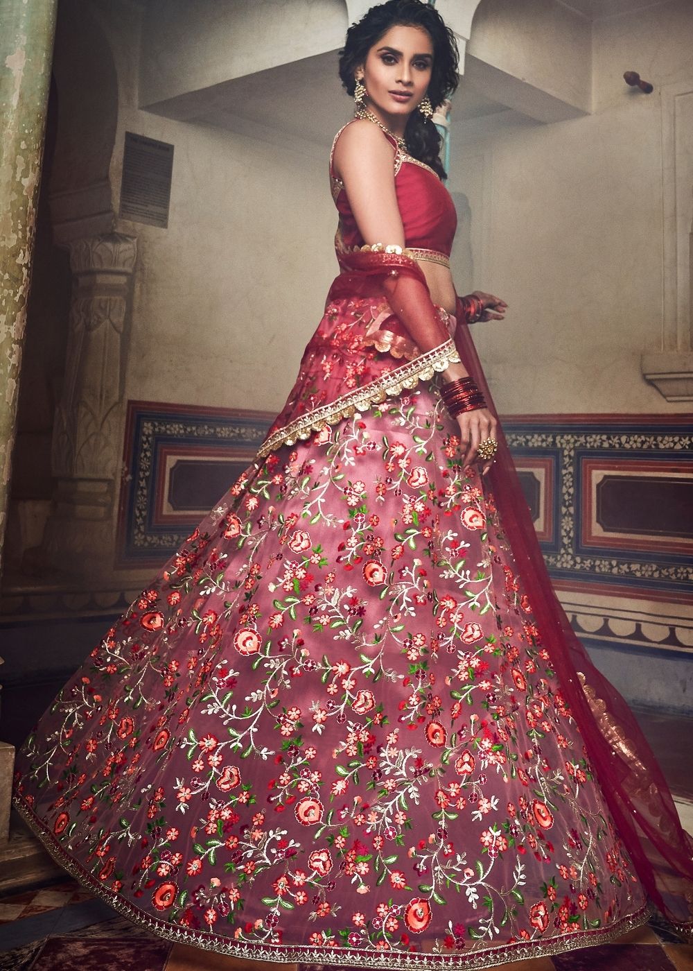 Persian Red Soft Net Lehenga with Thread & Zari work | Ready To Wear - qivii