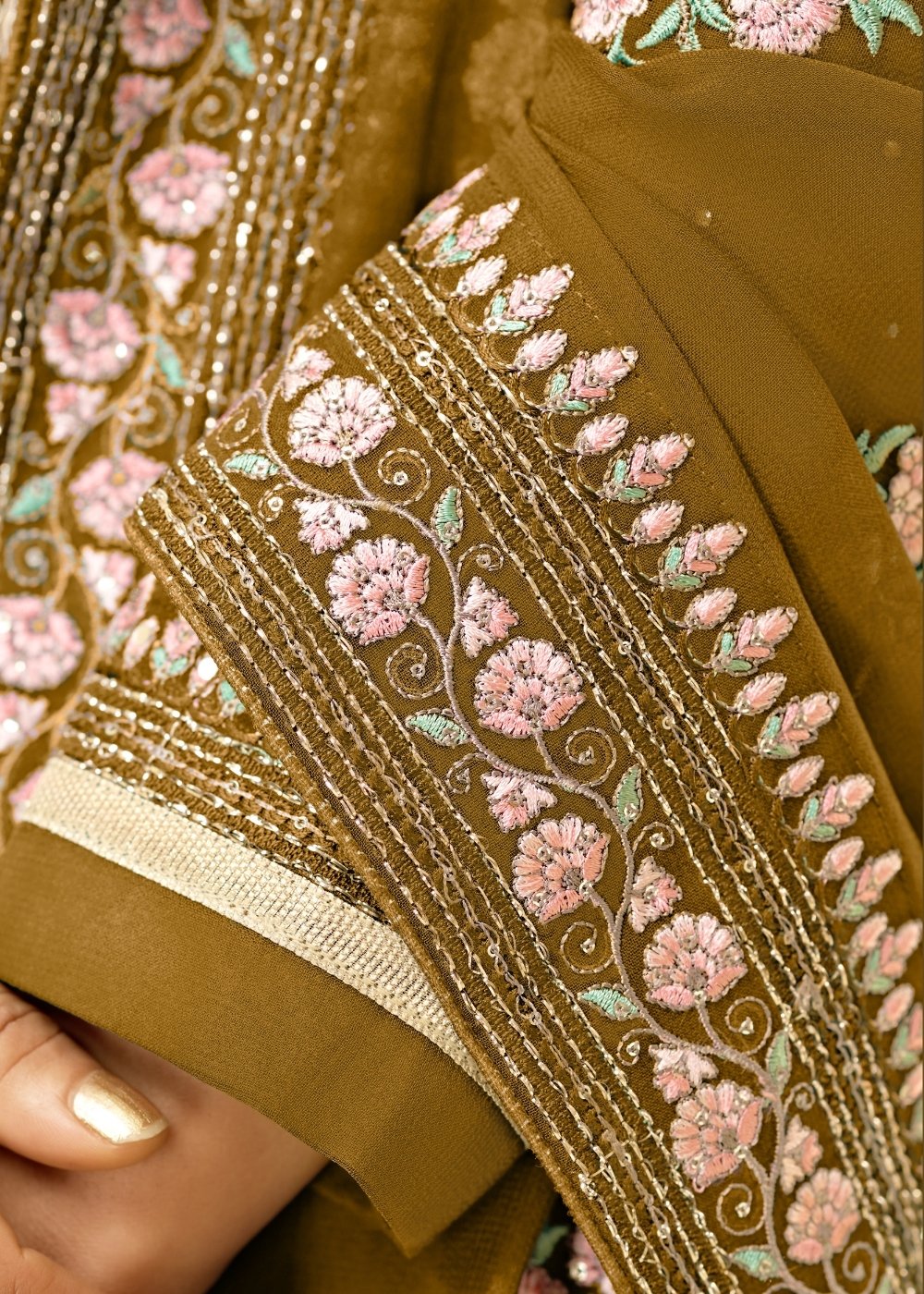 Mustard Yellow Georgette Salwar Suit with Thread, Zari & Cording Embroidery work - qivii