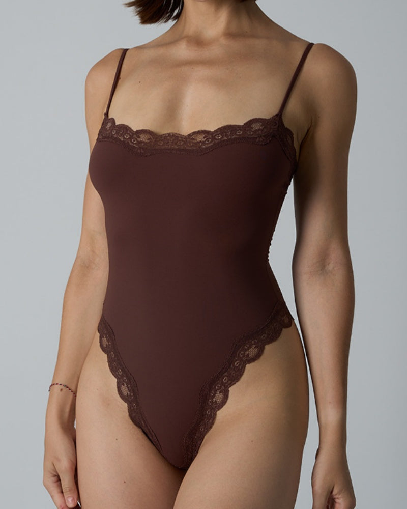 Spaghetti Strap Triangle Shapewear Bodysuit with Lace Trim