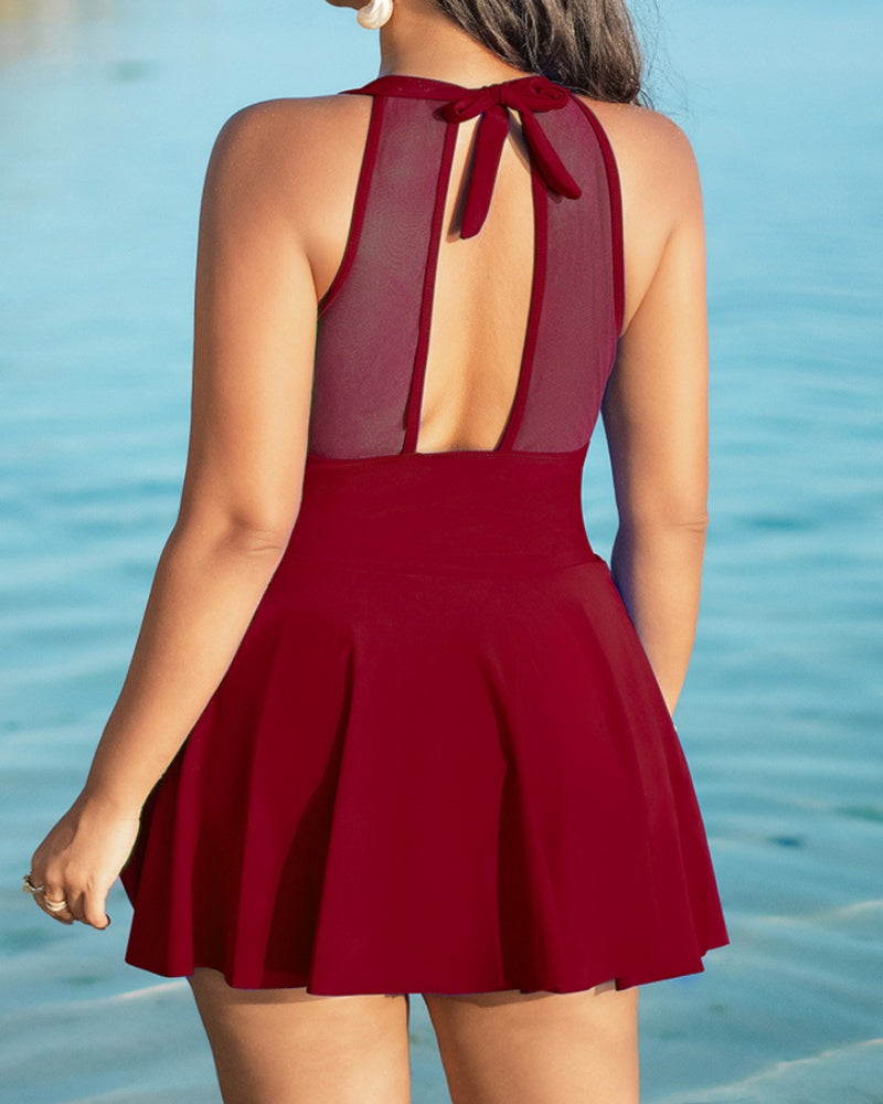 Large Size Halter Neck Mesh Panel Tummy Control Swimsuit with Side Bow - By Qivii