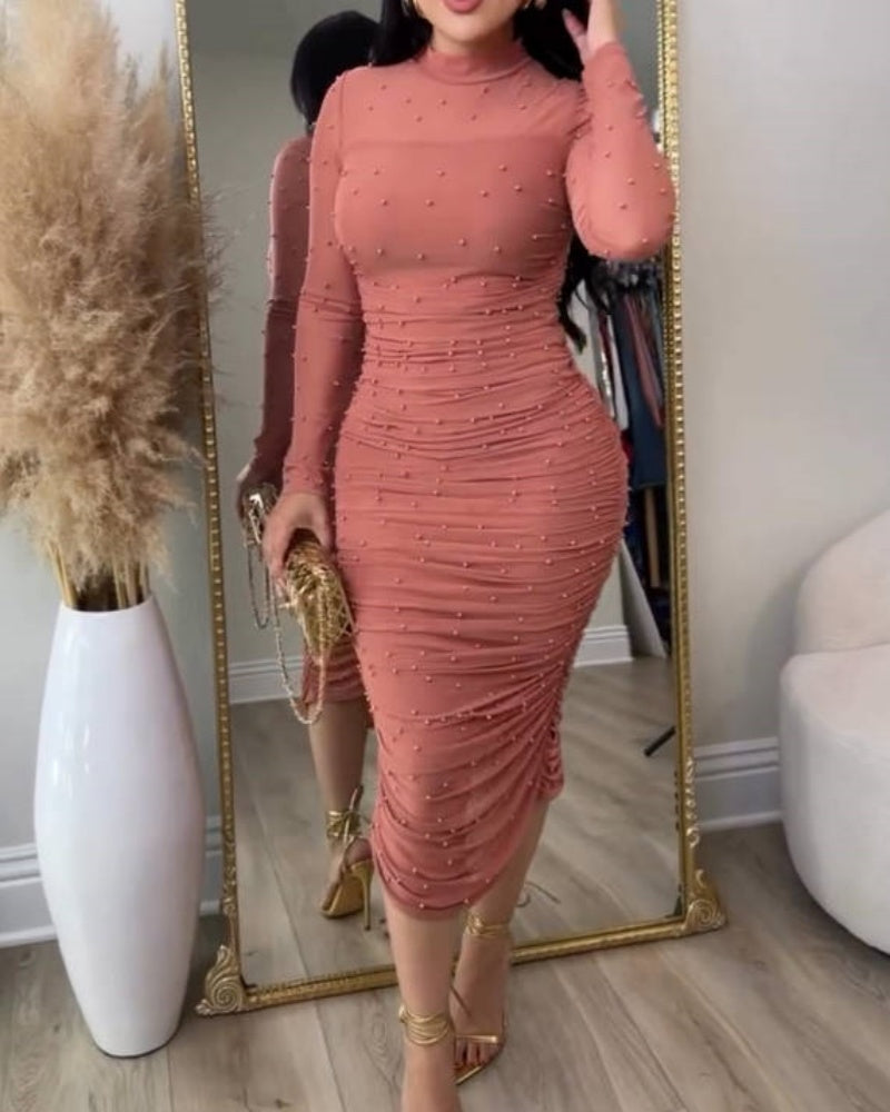 Elegant Mesh Paneled Ruched Bodycon Midi Dress with Mock Neck - By Qivii