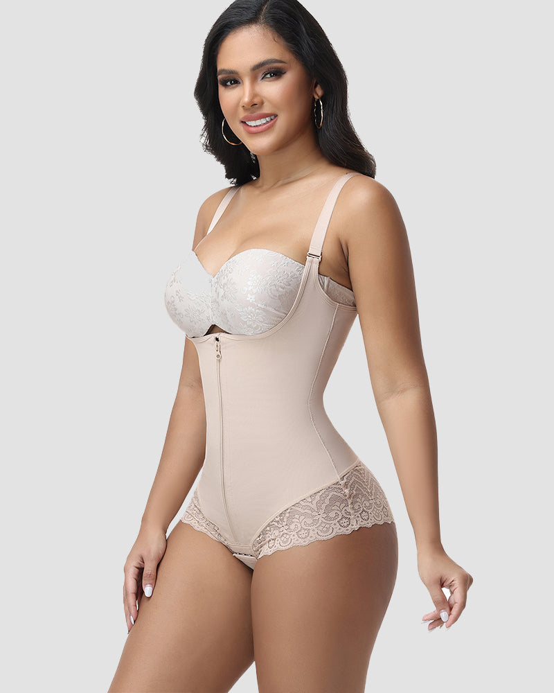 Shapshe® Lace Trim Double Compression Shapewear Bodysuit - By Qivii