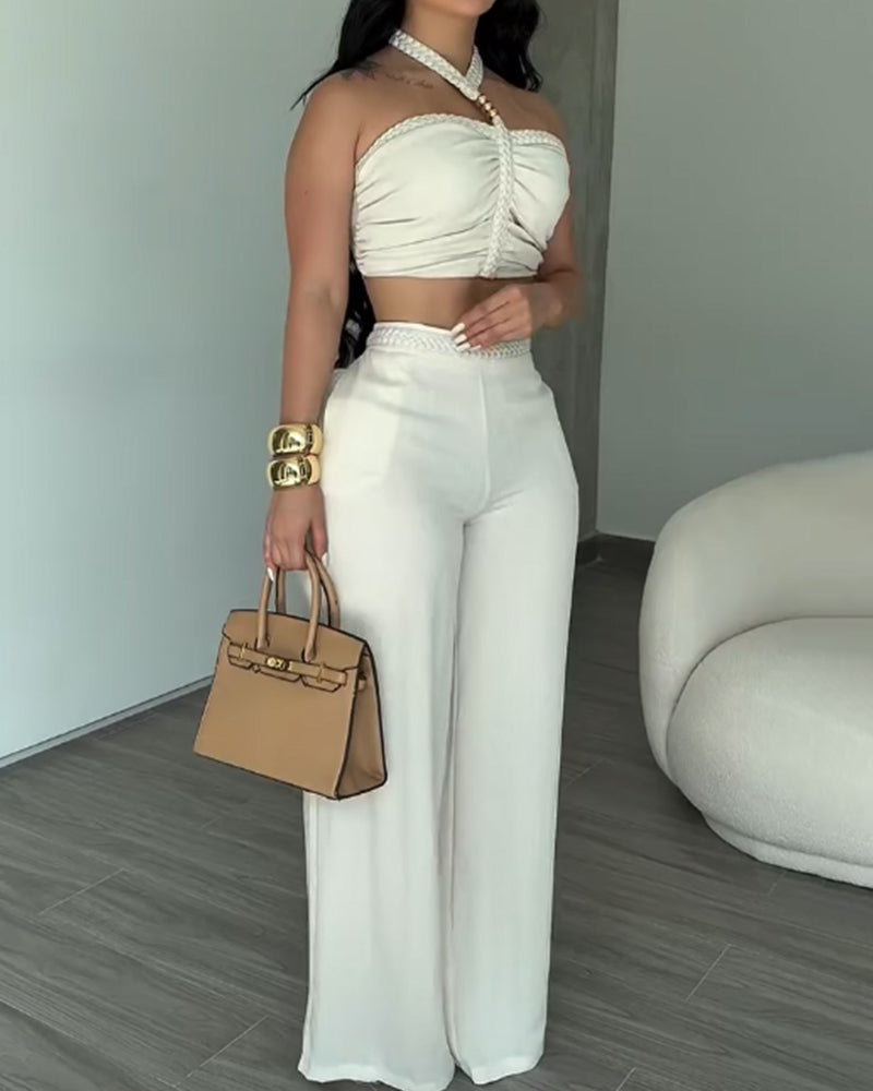 2 Piece Braided Trim Two Piece Outfit with Flared Trousers - By Qivii