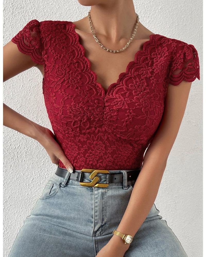 Sexy Deep V Neck Lace Short Sleeve Bodysuit One Piece Slim Fit Body Shaper