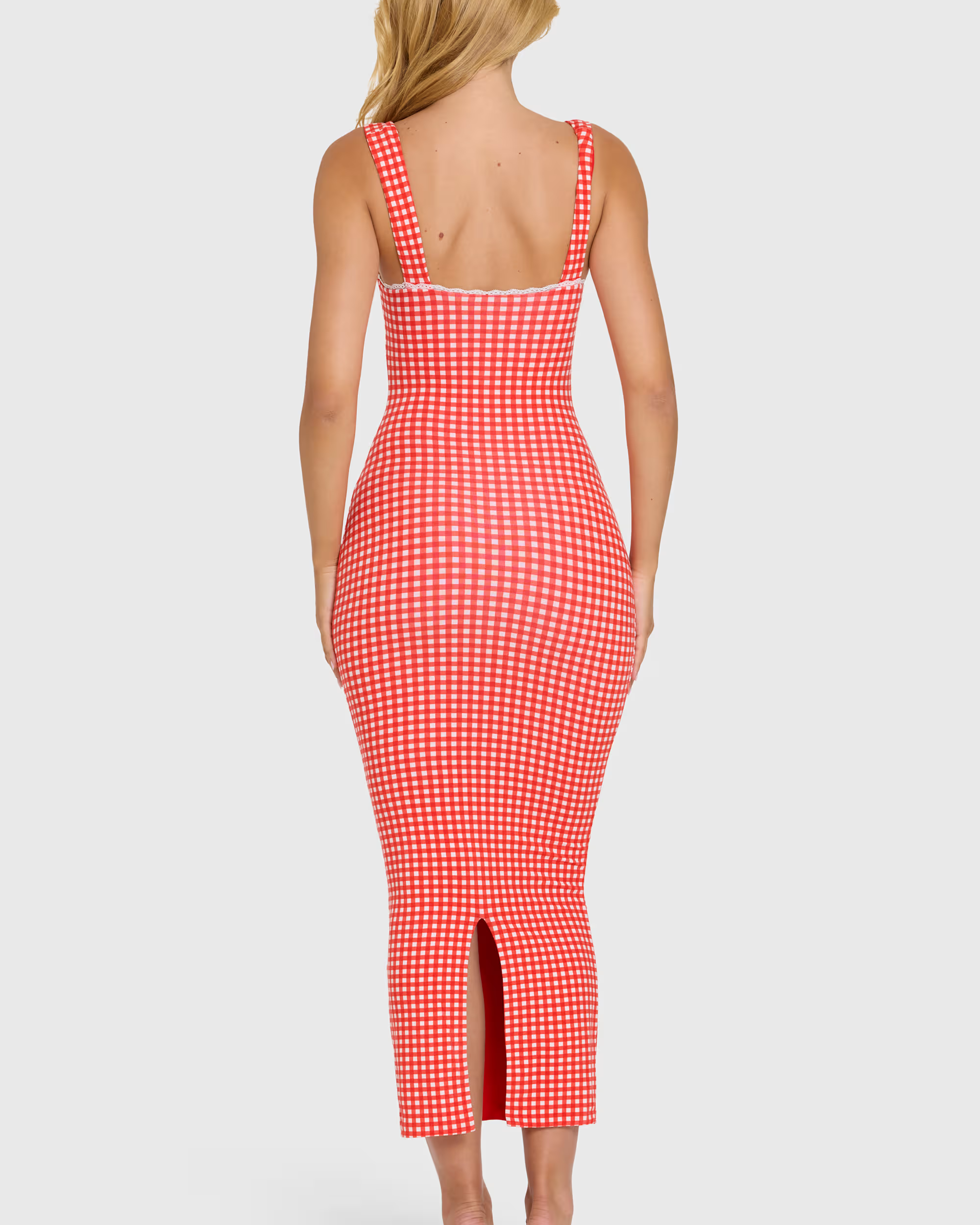 Lace-trim Midaxi Dress in Red Gingham - By Qivii