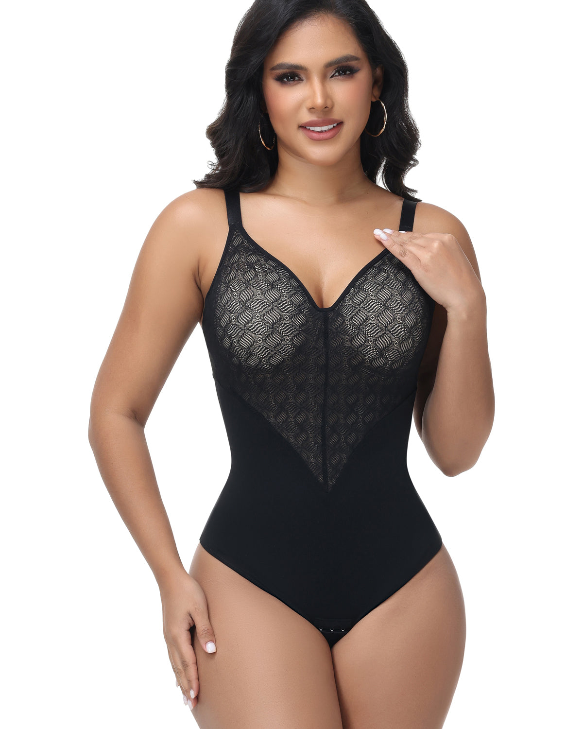 Shapshe® V Neck Sheer Lace Tummy Control Shapewear Bodysuit