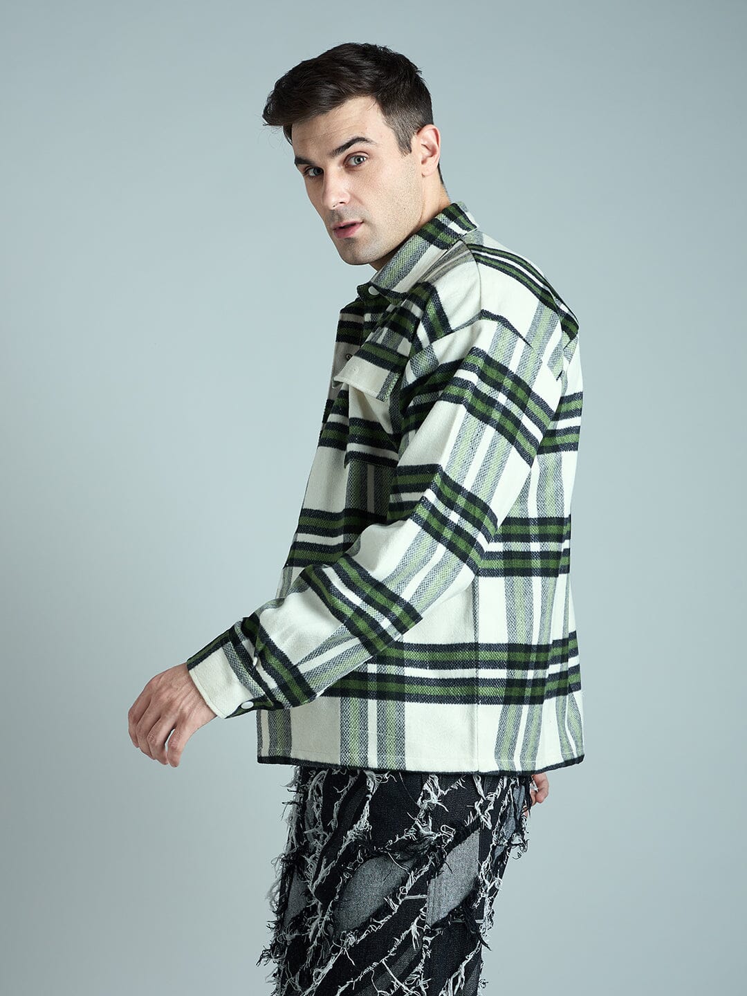 Off White & Olive Checkered Tweed OverShirt - qivii