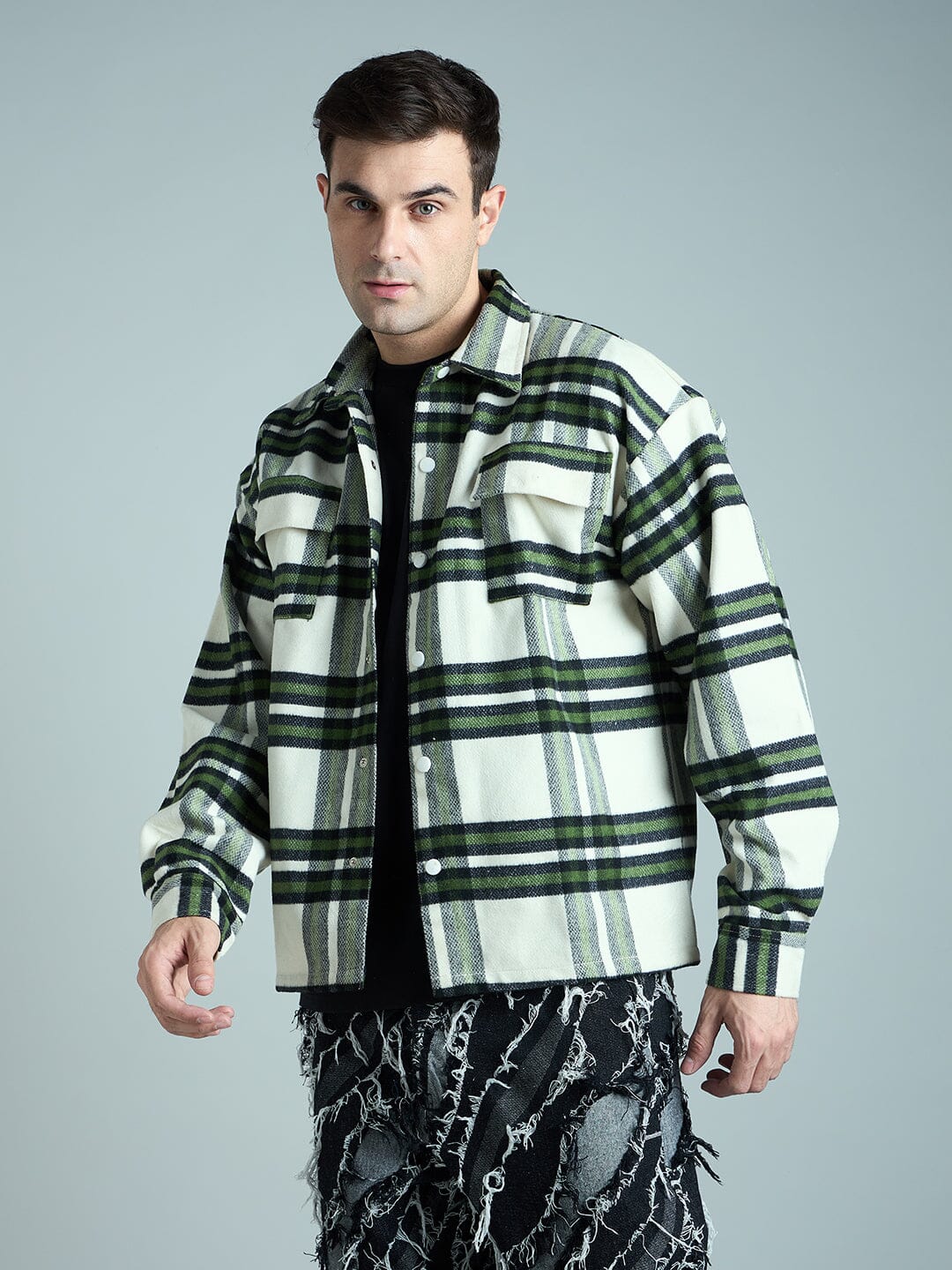 Off White & Olive Checkered Tweed OverShirt - qivii