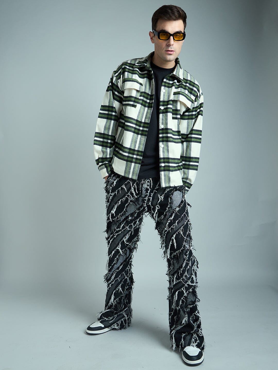 Off White & Olive Checkered Tweed OverShirt - qivii