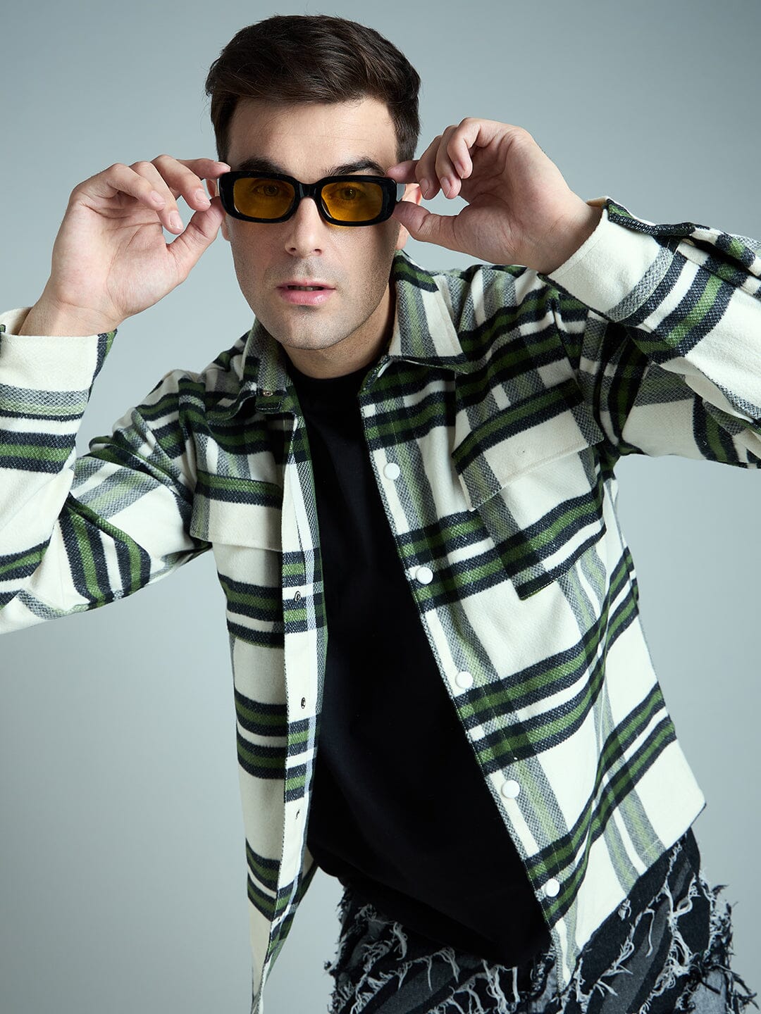 Off White & Olive Checkered Tweed OverShirt - qivii