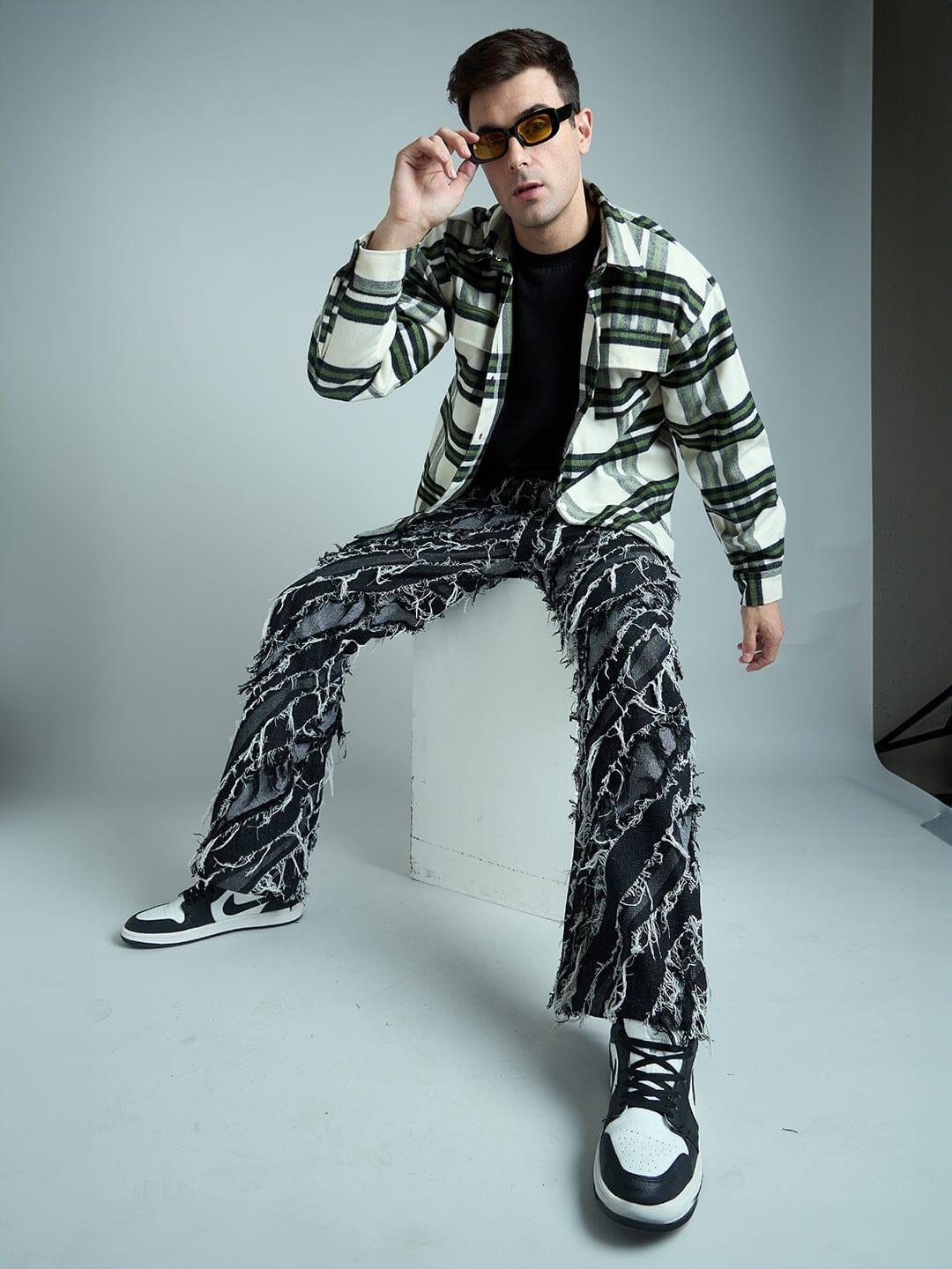 Off White & Olive Checkered Tweed OverShirt - qivii