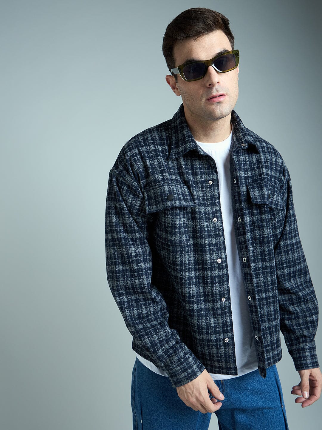 Charcoal & Navy Checkered Tweed OverShirt - qivii