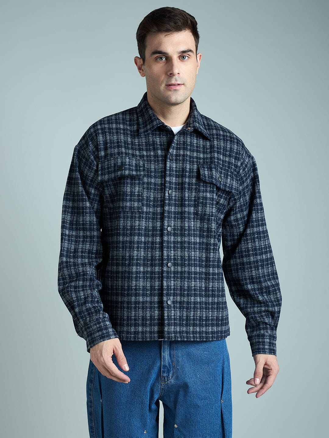 Charcoal & Navy Checkered Tweed OverShirt - qivii