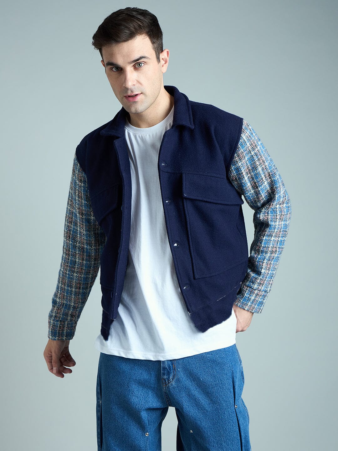 Navy Checkered Aviator Jacket