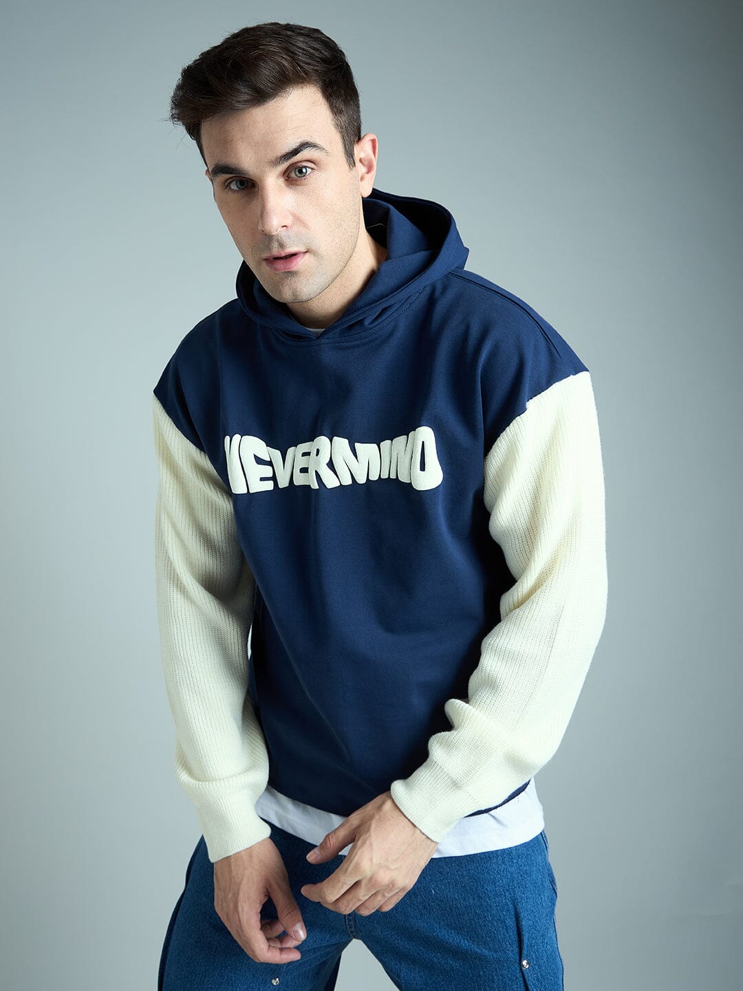 Navy Cropped Hoodie With Knitted Sleeves