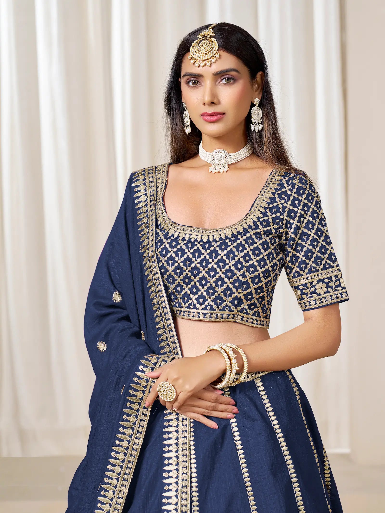 Navy Blue Art Silk Embroidery Work Lehenga Choli - qivii