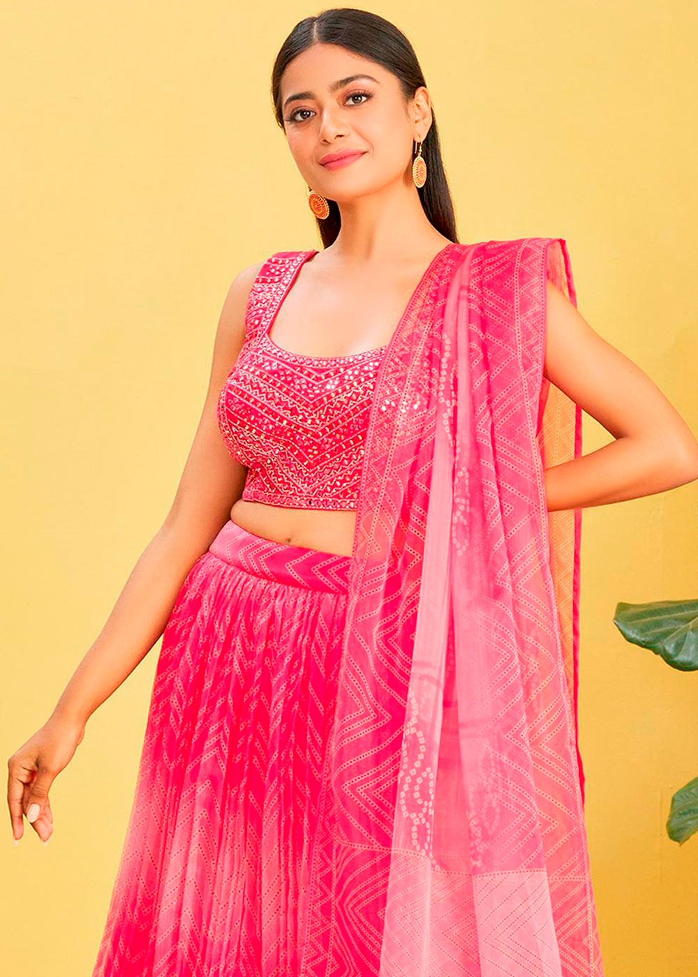 Shades Of Pink Digital Printed Organza Lehenga with Thread,Zari & Sequins Work | Ready To Wear - qivii