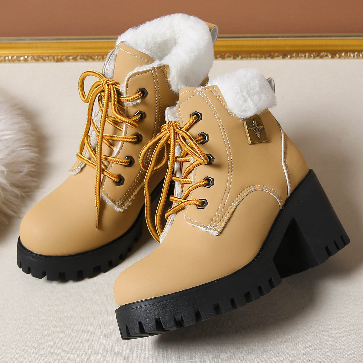 Women's Frosted Plush Combat Boot - Winter Lace-Up Ankle Boots with Block Heel & Commuter-Ready Grip (US 4-10)