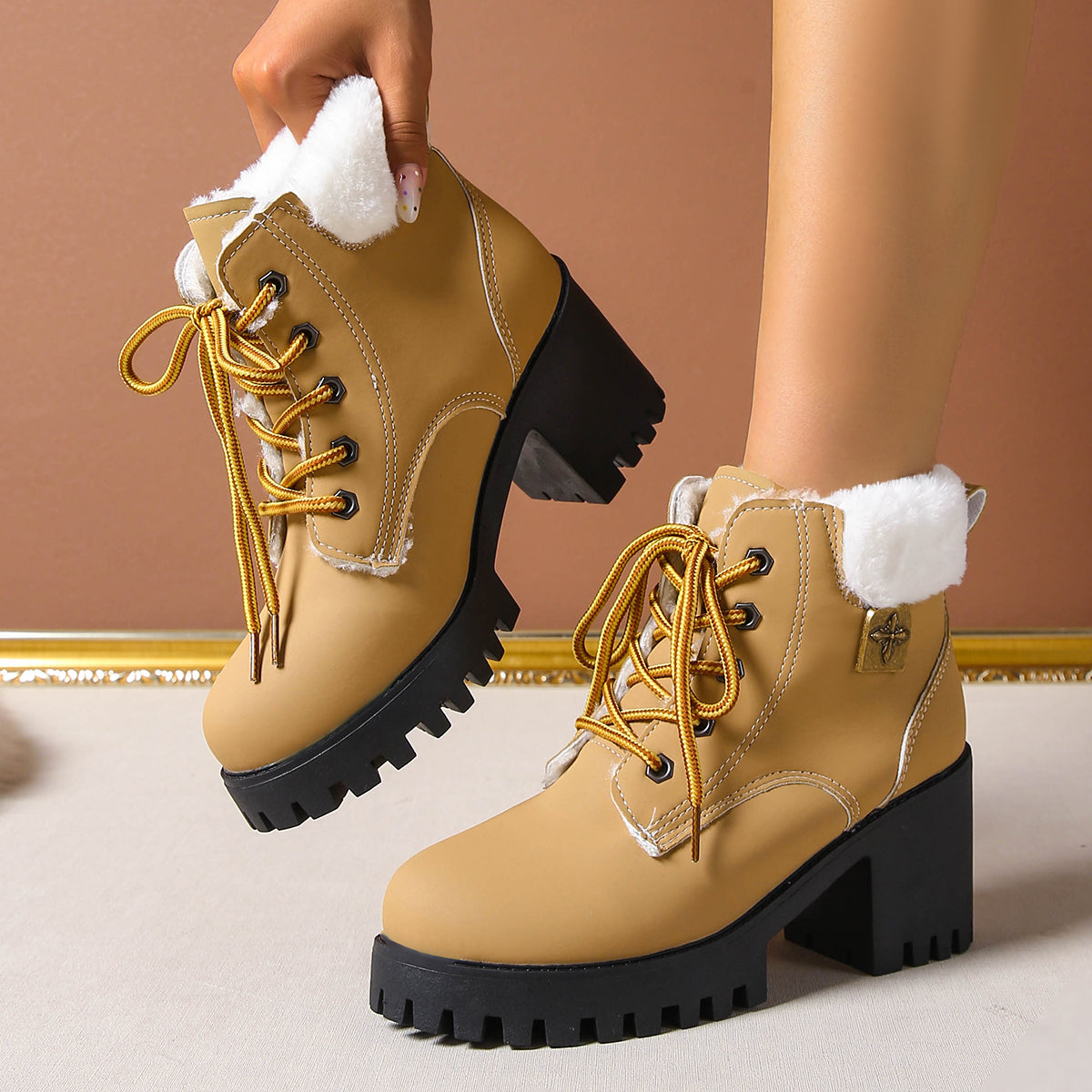 Women's Frosted Plush Combat Boot - Winter Lace-Up Ankle Boots with Block Heel & Commuter-Ready Grip (US 4-10)