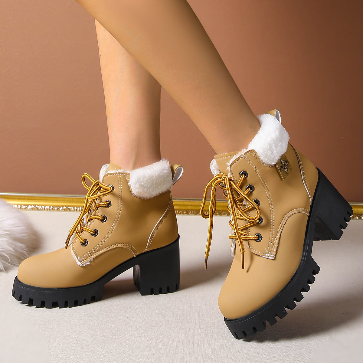 Women's Frosted Plush Combat Boot - Winter Lace-Up Ankle Boots with Block Heel & Commuter-Ready Grip (US 4-10)