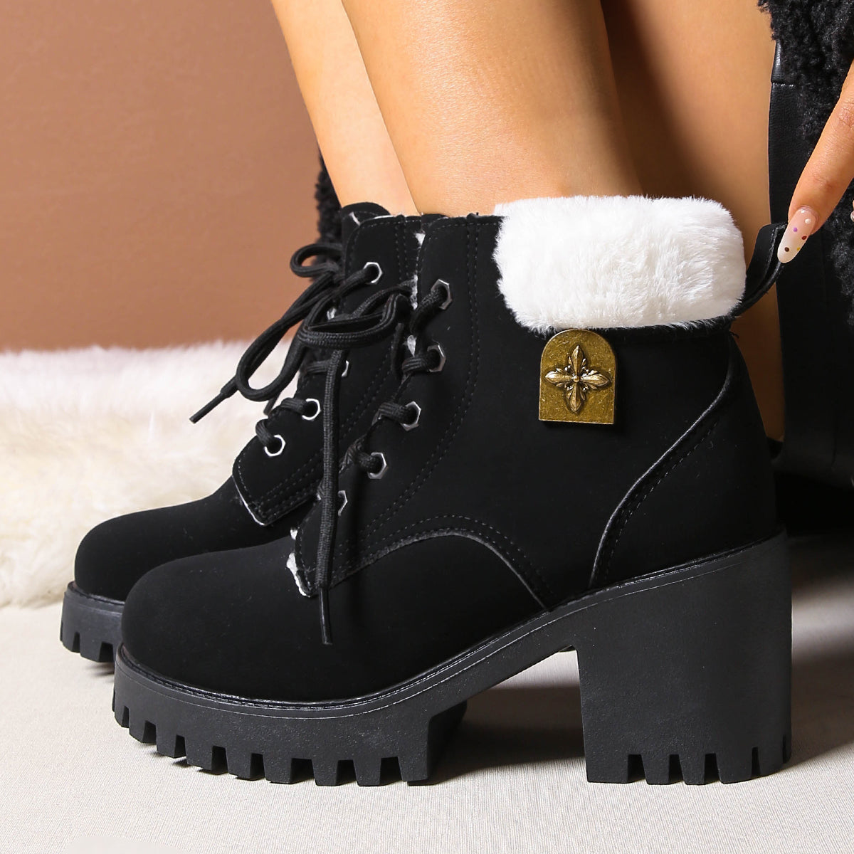 Women's Frosted Plush Combat Boot - Winter Lace-Up Ankle Boots with Block Heel & Commuter-Ready Grip (US 4-10)