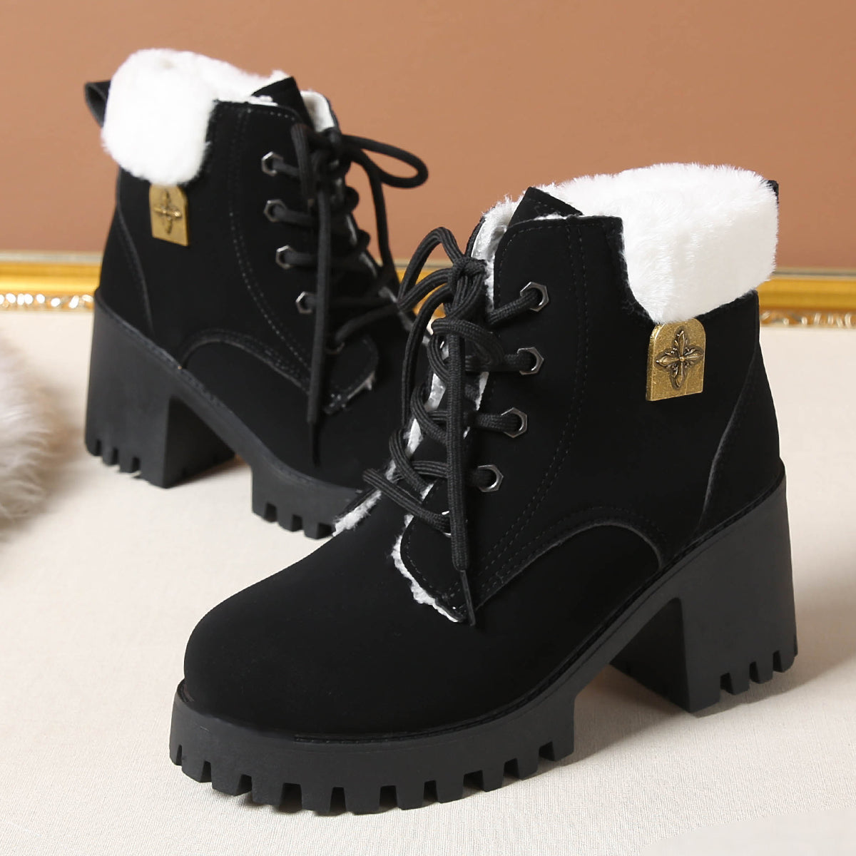 Women's Frosted Plush Combat Boot - Winter Lace-Up Ankle Boots with Block Heel & Commuter-Ready Grip (US 4-10)