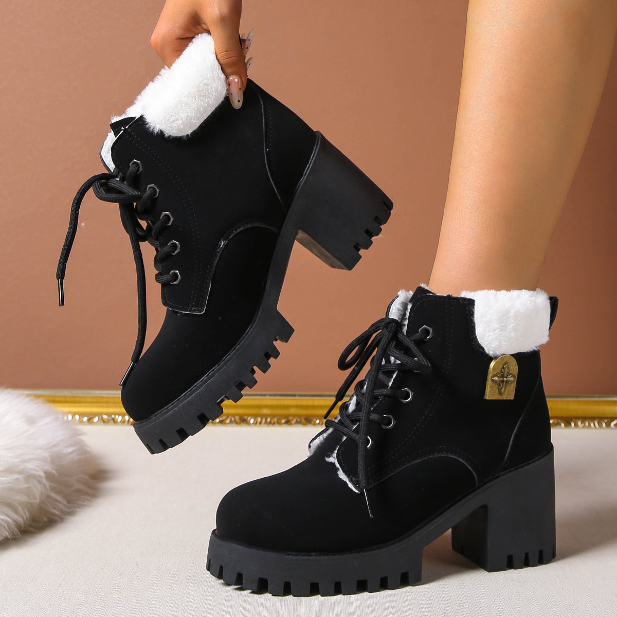 Women's Frosted Plush Combat Boot - Winter Lace-Up Ankle Boots with Block Heel & Commuter-Ready Grip (US 4-10)