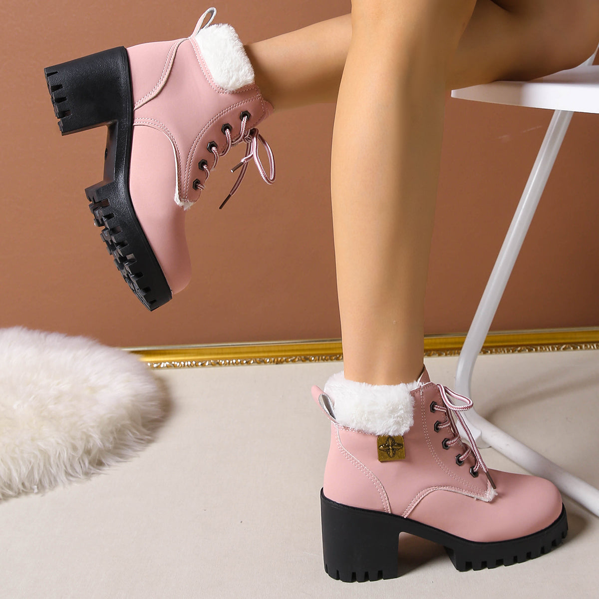 Women's Frosted Plush Combat Boot - Winter Lace-Up Ankle Boots with Block Heel & Commuter-Ready Grip (US 4-10)