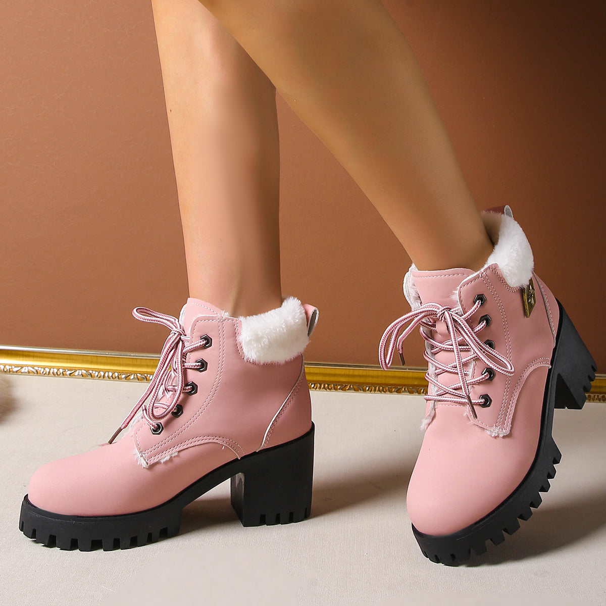 Women's Frosted Plush Combat Boot - Winter Lace-Up Ankle Boots with Block Heel & Commuter-Ready Grip (US 4-10)