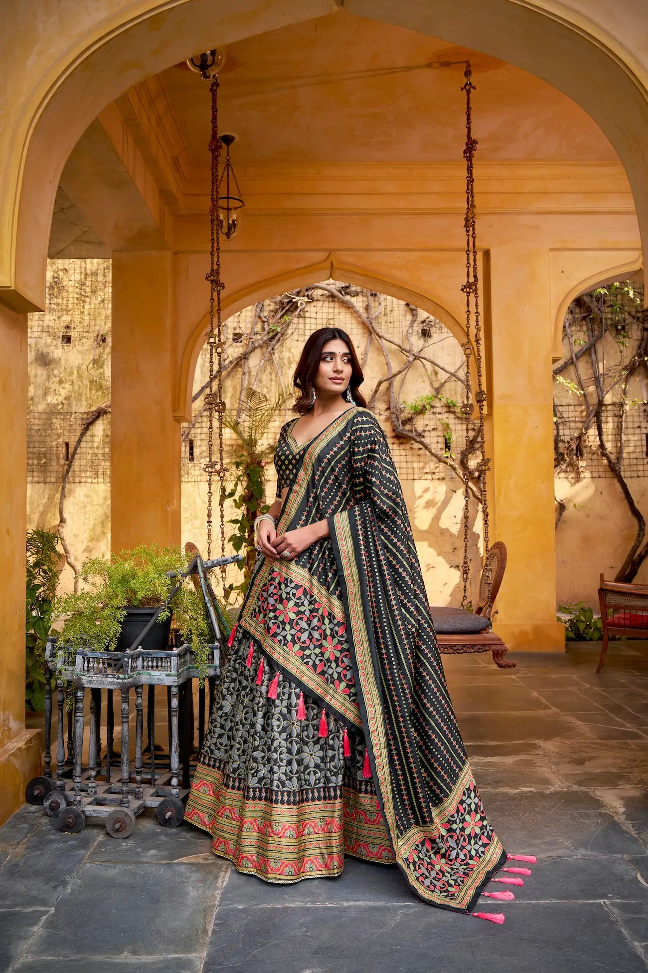 Smoky Black Tasar Silk Lehenga Choli With Saprkle Details