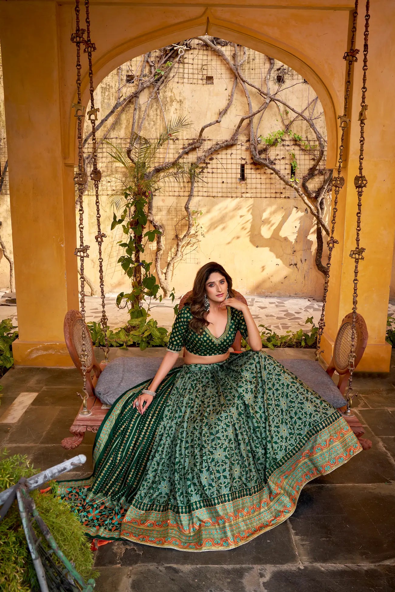 Deep Green Tasar Silk Lehenga Choli With Saprkle Details